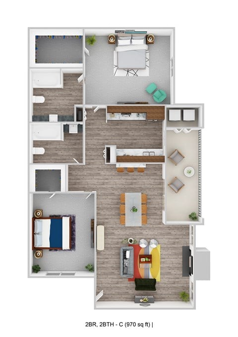 Floor plan for 2 beds, 2 baths, 970 sqft